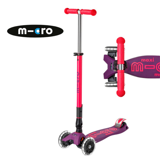 A Micro brand three-wheel kick scooter in purple and bright pink, shown from multiple angles on a plain white background with the Micro logo in the top left.