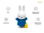 Miffy Tonie figure in blue dress with yellow suitcase showing audiobook features