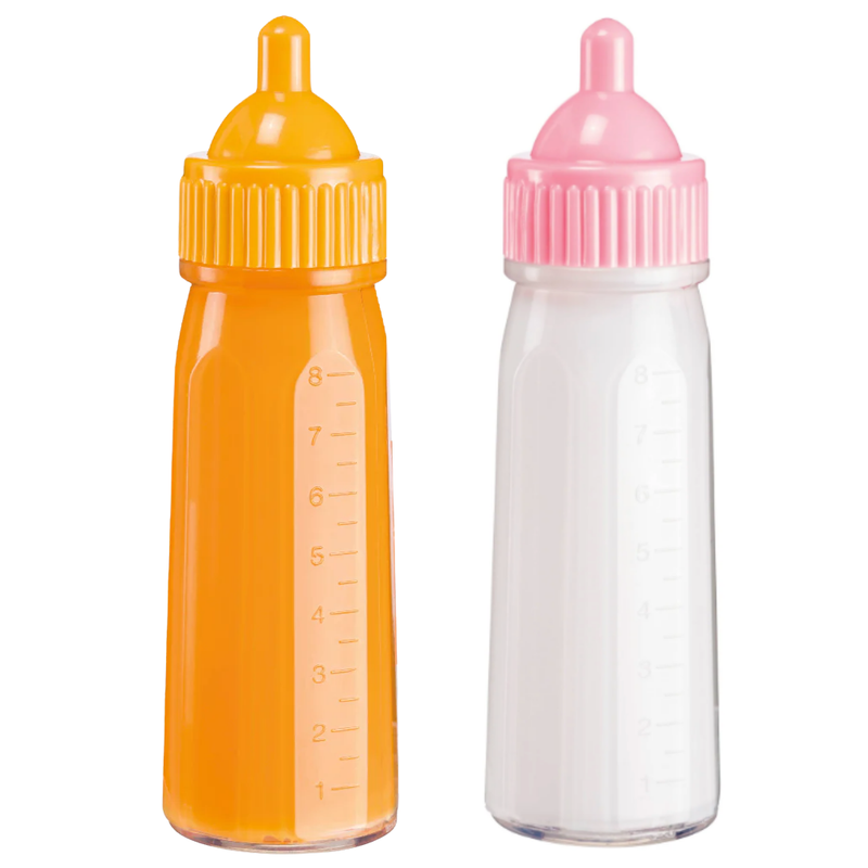 Two baby bottles, one orange and one white with pink cap, on a white background