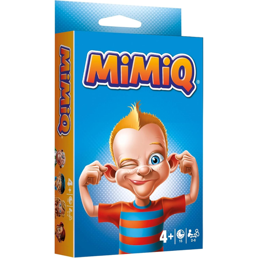 Mimiq children's product packaging with a cartoon character on a blue and orange background.