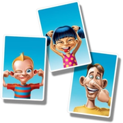 Three cartoon character cards with different expressions on a white background