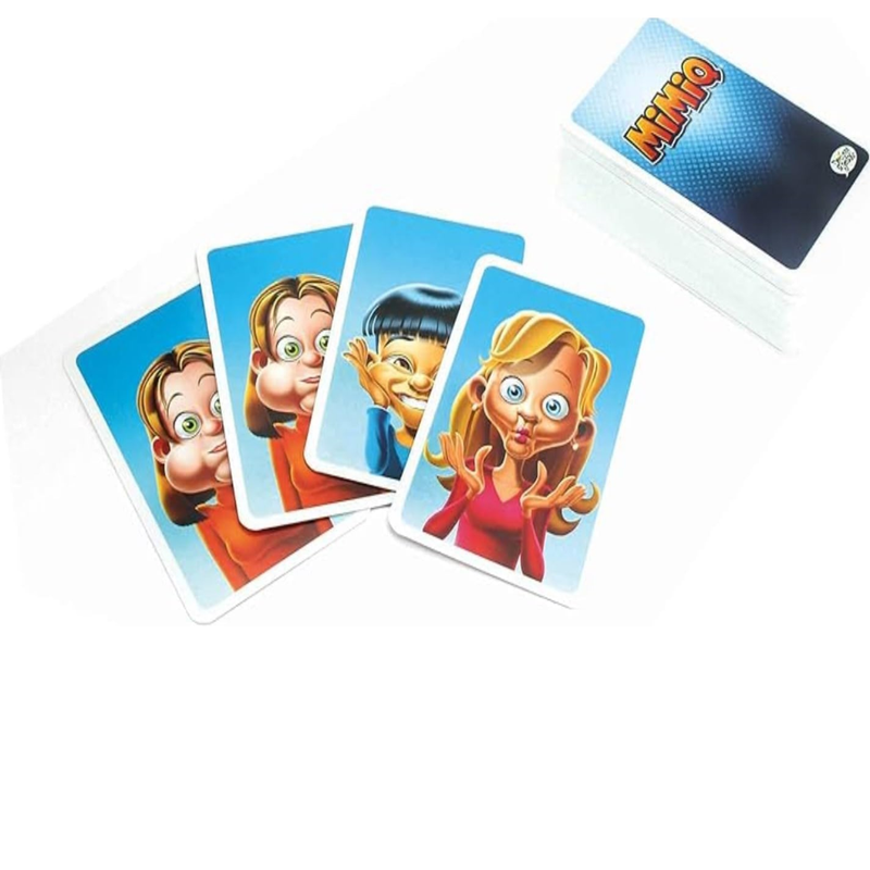 Set of playing cards with cartoon character faces that you try to mimiq on a white background.