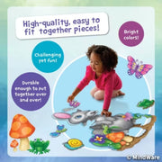 Child playing with a puzzle featuring animals and nature-themed pieces on a colorful background.