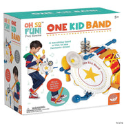 Box packaging for the 'Oh So Fun! One Kid Band' toy set by Utic. The packaging features a bright teal and white design with colorful illustrations of a child playing a drum set and a large graphic of the toy drum set itself.