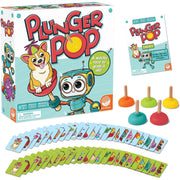 Plunger Pop is a colorful game box, instruction booklet, wooden plunger pieces in orange, green, yellow, and red, and a spread of illustrated cards on a white background.
