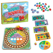 A colorful children's board game set titled "Around the Mountain" shown with its box, game board, train cars, gem tokens, and animal cards on a white background.