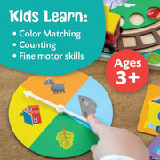 Educational toy with colorful wheel and animal illustrations, promoting learning through color matching, counting, and fine motor skills.