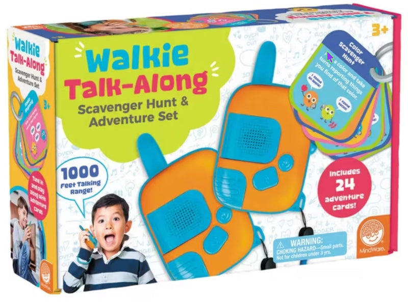 Walkie Talk-Along Scavenger Hunt & Adventure Set toy box by MediTech, featuring two orange and blue walkie-talkie toys and colorful packaging graphics on a white background.
