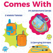 Graphic for a children's educational toy set titled 'Comes With' on a white background with faint alphabet icons. The set includes 2 orange and blue walkie talkies, 24 colorful adventure cards on a pink keyring, and 2 blue carrying straps.