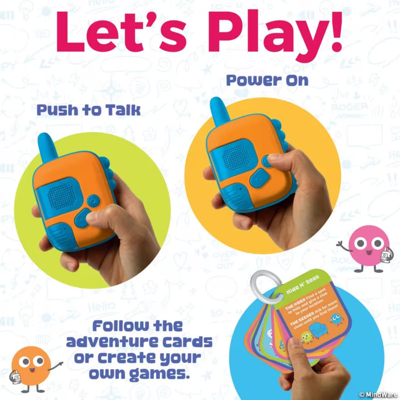 Children's walkie-talkies with colorful design and text on a white background.