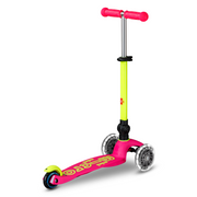 Micro Kickboard Mini Deluxe Foldable LED scooter in neon pink and yellow with light-up wheels