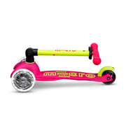 Mini Micro Deluxe Foldable LED scooter in neon pink and yellow-green with light-up wheels