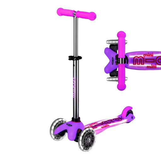 Pink and purple Mini Glow Plus LED scooter on a white background.