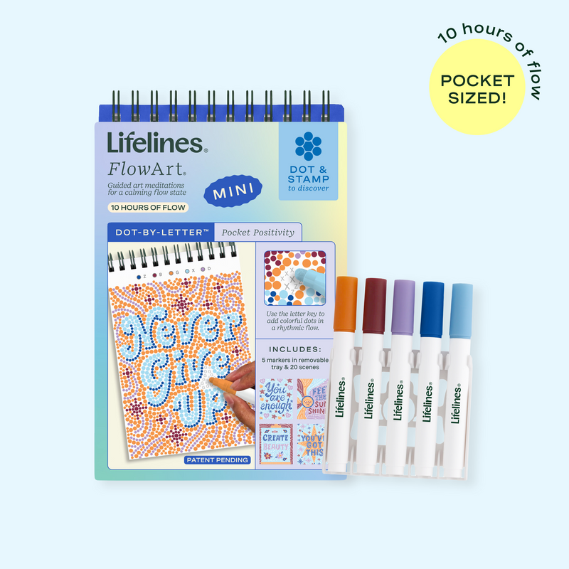 Lifelines FlowArt Mini dot-by-letter guided art meditation kit with markers and scenes