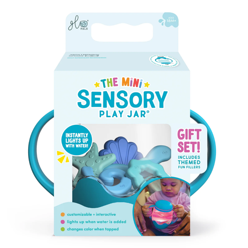 Packaging of the blue Glo Pals Mini Sensory Play Jar with toy figures and text on a white background.