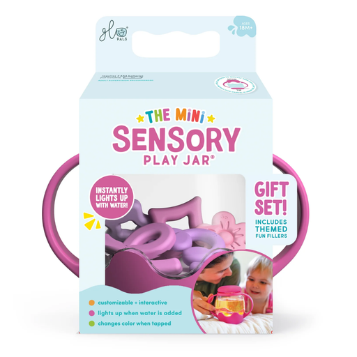 Package of the Glo Pals Mini Sensory Play Jar with pink handles on a white background.