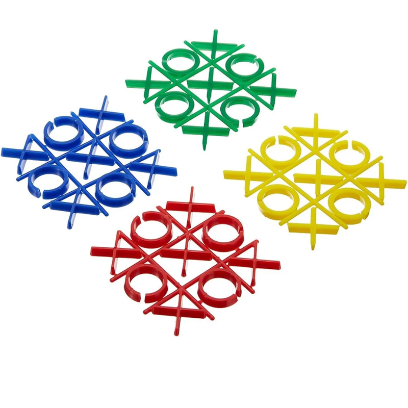 Four plastic crosshair attachments in blue, green, red, and yellow on a white background.