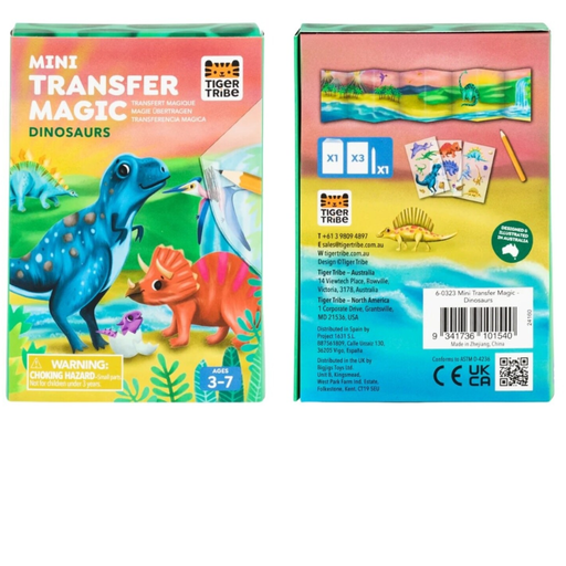 Colorful packaging of Mini Transfer Magic Dinosaurs set by Tiger Tribe with toy dinosaurs on a white background.