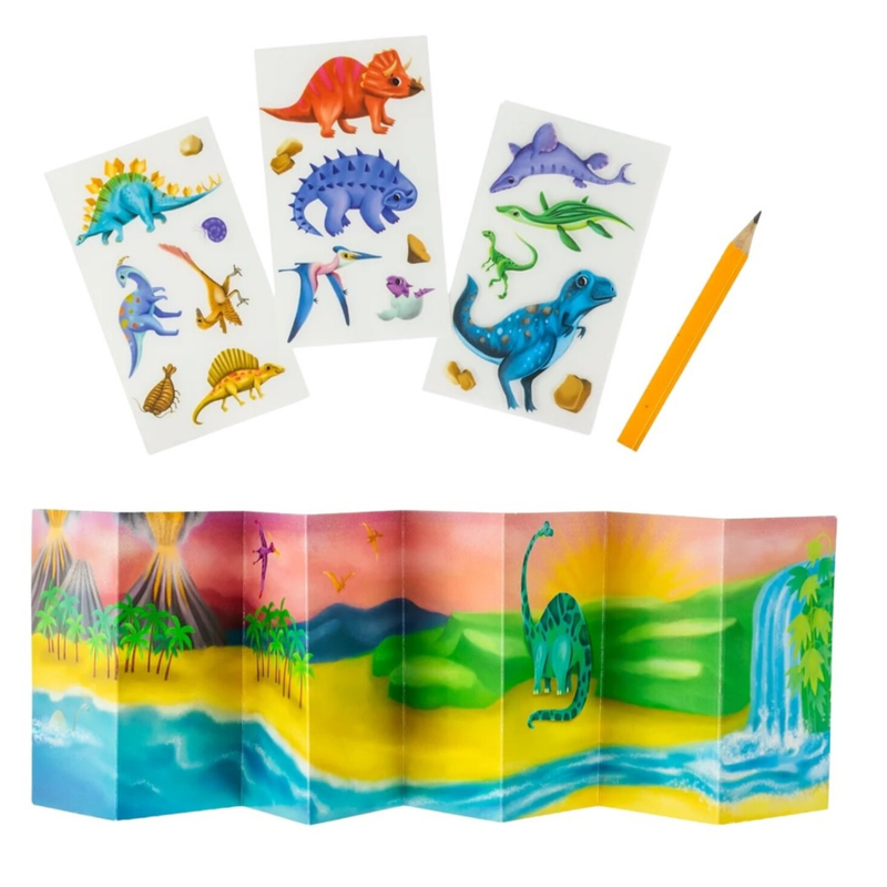 Dinosaur-themed transfer images with a pencil and a colorful dinosaur landscape book on a white background.