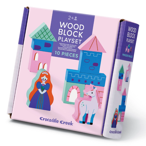 Wood block playset packaging with princess and castle design on a white background.