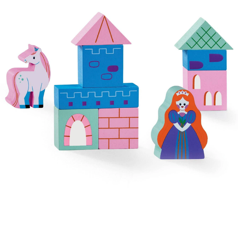 Colorful wooden toy castle with a horse, princess, and castle on a white background.