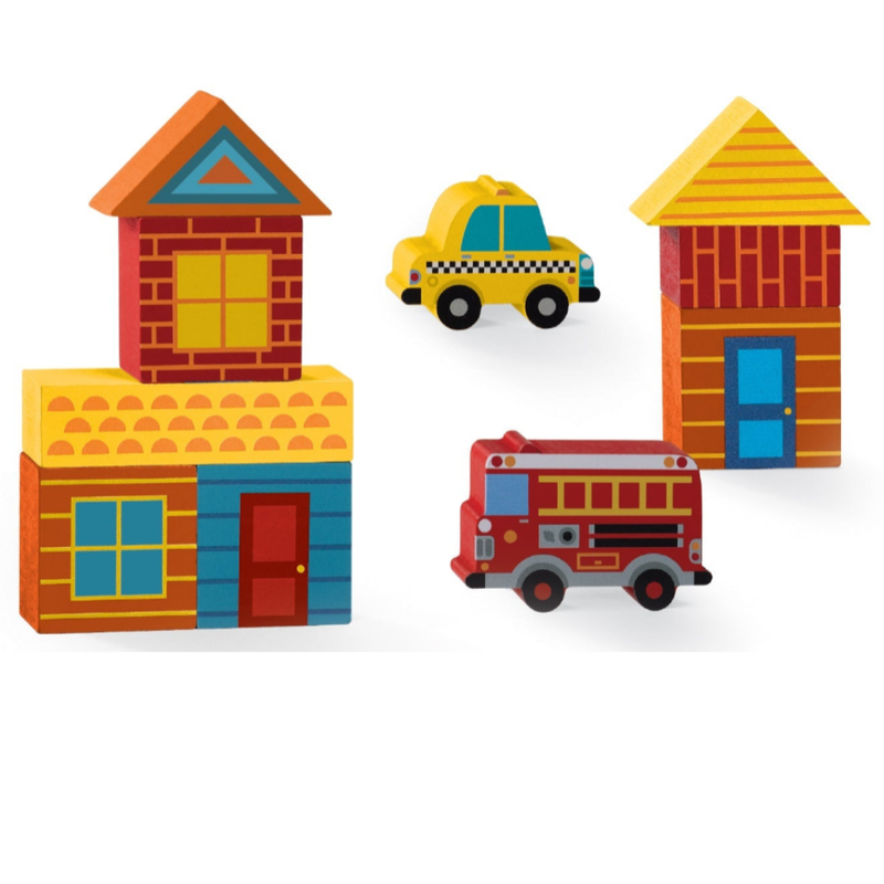 Colorful wooden building blocks with houses, fire truck, and taxi car toys