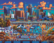 Colorful folk art illustration of Minneapolis skyline for 1000-piece jigsaw puzzle