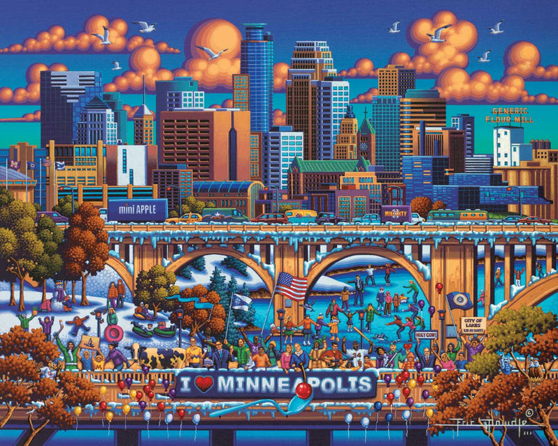 Colorful folk art illustration of Minneapolis skyline for 1000-piece jigsaw puzzle