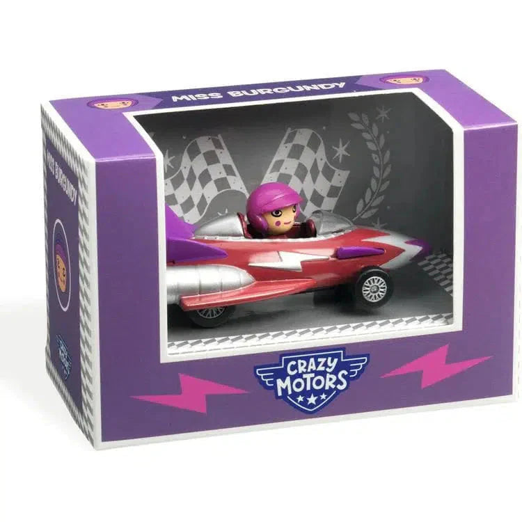 DJECO Crazy Motors Miss Burgundy toy car in purple retail packaging box