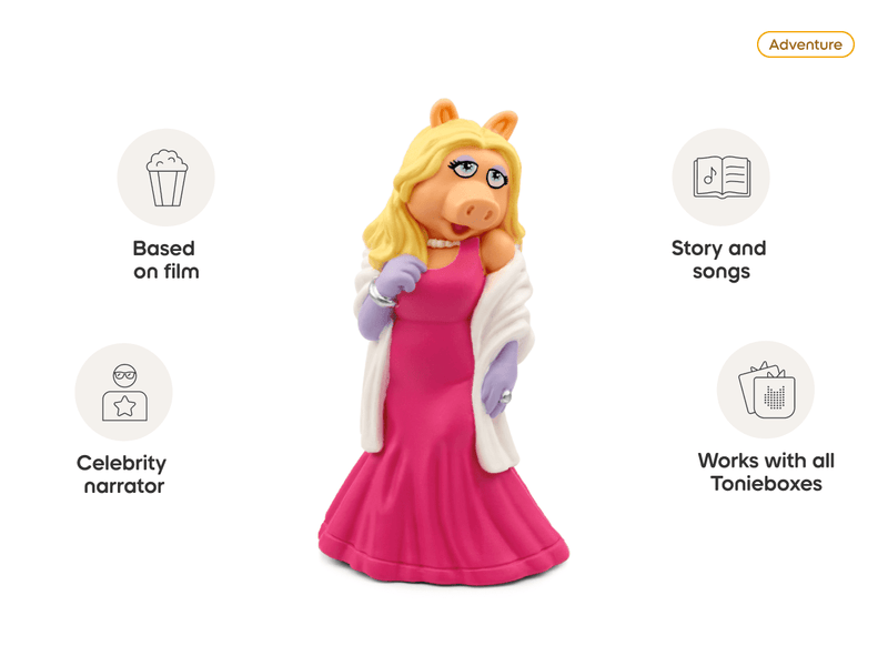 Miss Piggy Tonie figure in pink dress with white fur stole on plain background