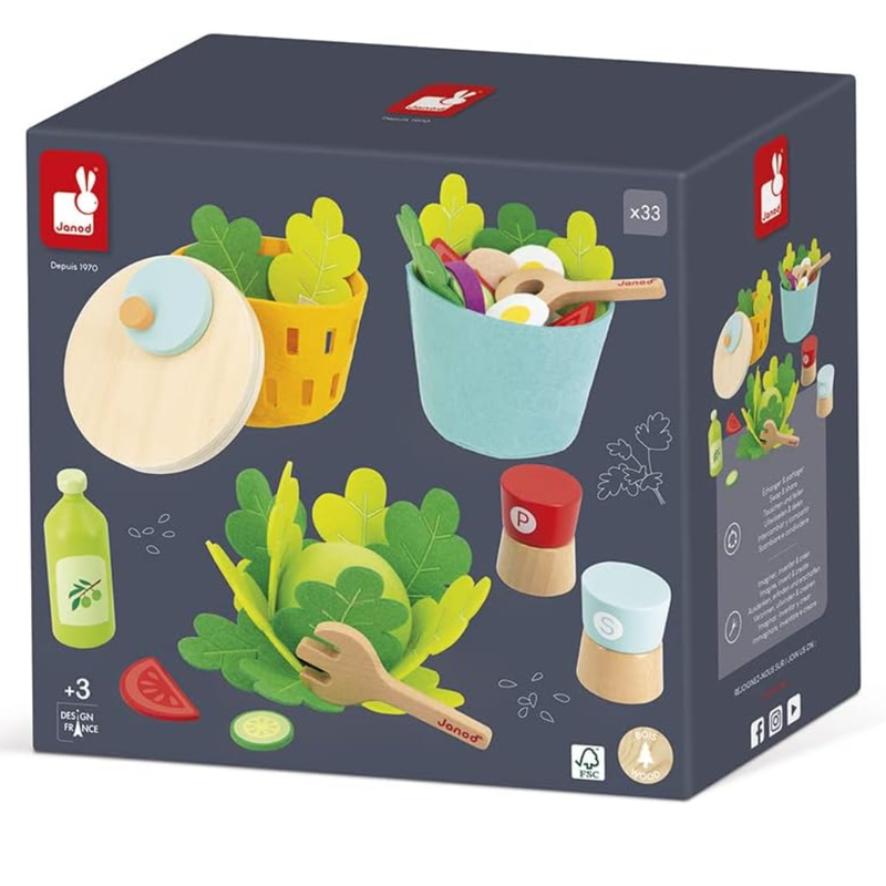 Box of a toy salad making set with various food items and utensils on a white background