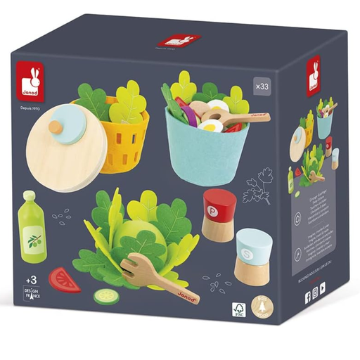 Box of a toy salad making set with various food items and utensils on a white background