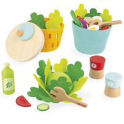 Toy salad set with various wooden food items and utensils on a white background
