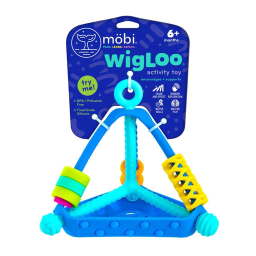 Blue wigloo activity toy from Mobi with packaging on a white background