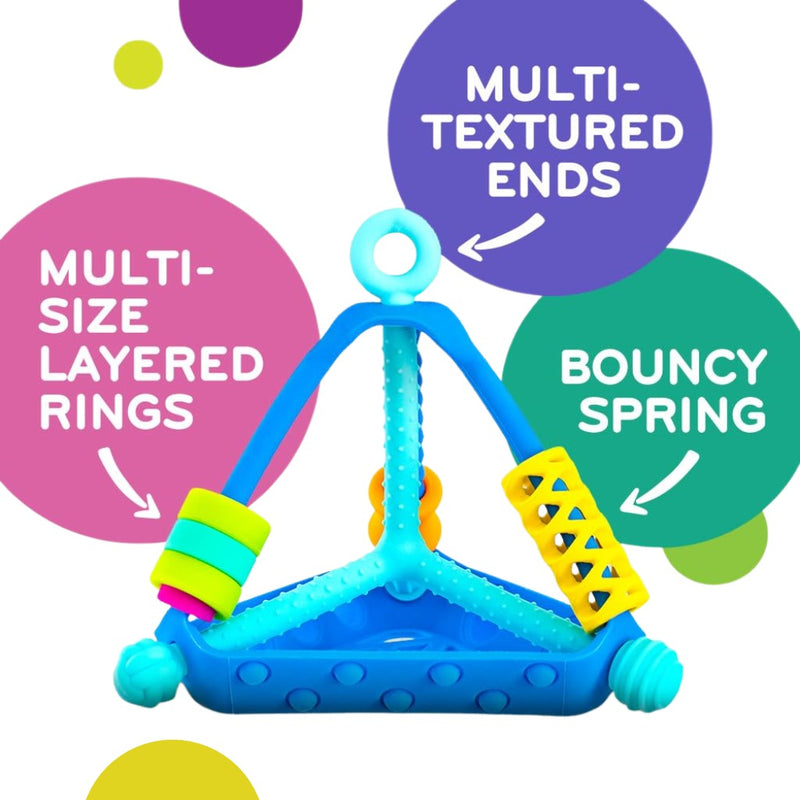 Colorful baby toy with text highlighting features on a white background