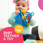 Baby playing with a colorful teether toy, with text 'Baby Teether & Toy' on a pink background.