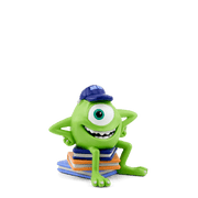 Green one-eyed Mike Wazowski Tonie figurine with blue cap sitting on colorful books