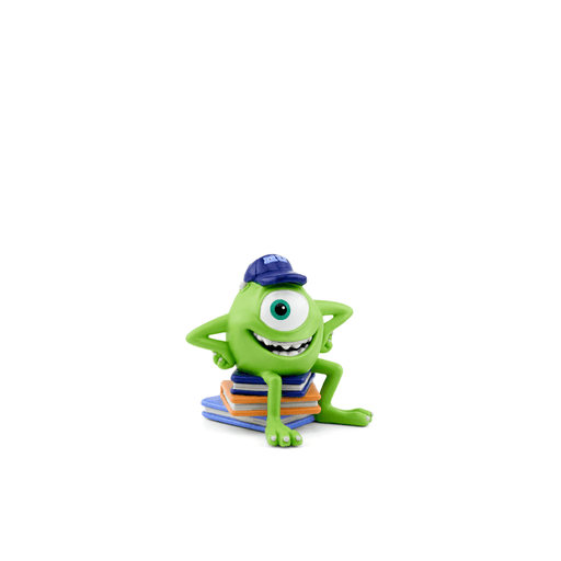 Green one-eyed Mike Wazowski Tonie figure with baseball cap sitting on colorful books