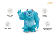 Blue furry Sulley Tonie figure from Monsters Inc with product features highlighted around it