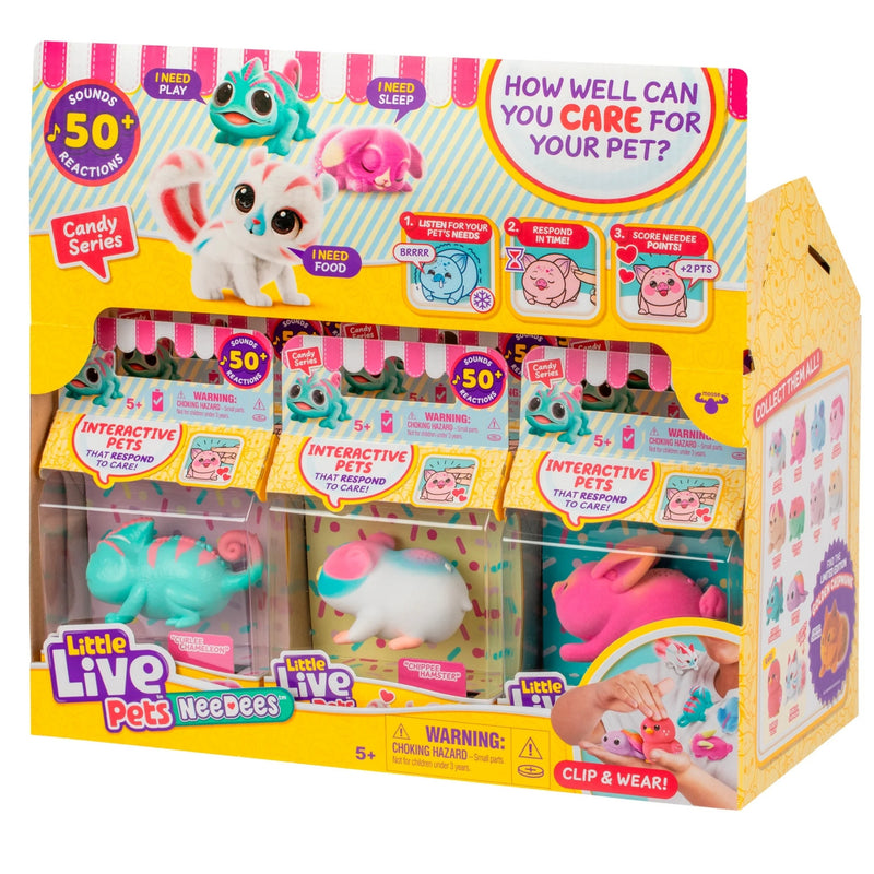 Little Live Pets Neecesies Candy Series interactive pet toy display box containing three small blind-bag style toy packages in a bright yellow retail display card.