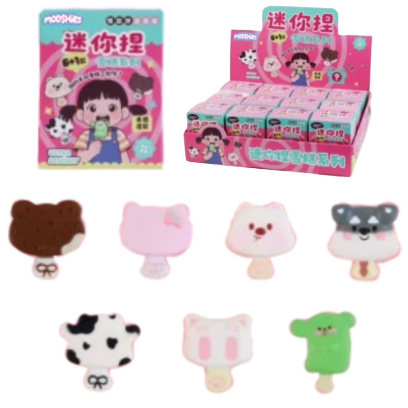 A display of cute, small novelty items in pink packaging, including character-themed mini bags and several individual pastel-colored plush or foam accessories shaped like a bear, Hello Kitty, a cat face, a raccoon, a cow, and a green bear on a white background.