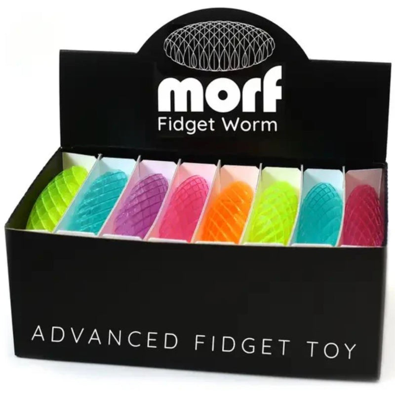 Display box of mini Morf Fidget Worms with colorful fidget toys inside. Colors include neon green, turquioise, purple, pink and orange.