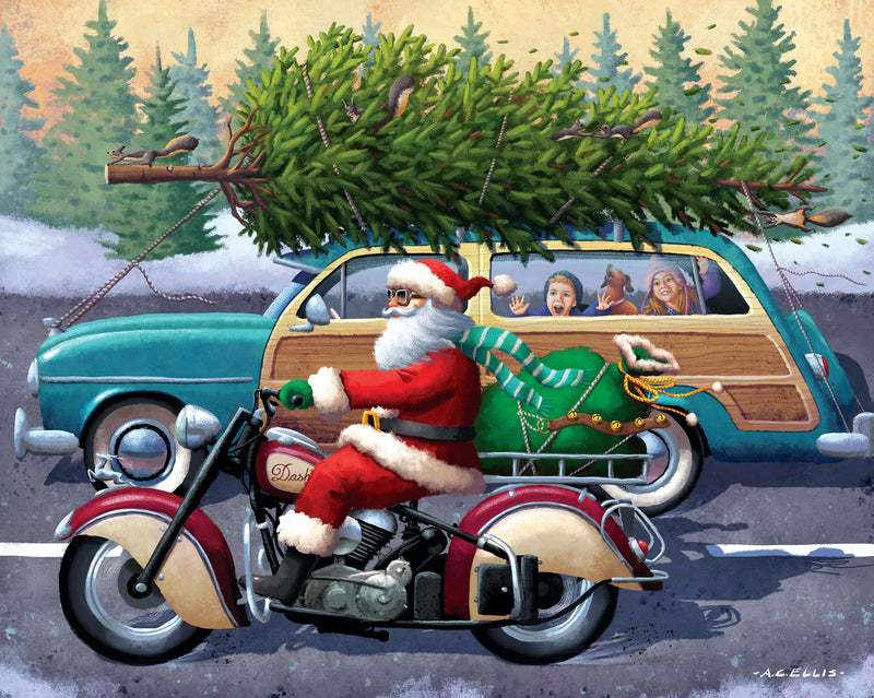 Santa Claus riding a red motorcycle with gift bag, beside a woody station wagon carrying a Christmas tree