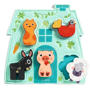 Children's farm animal puzzle on a light turquoise embroidered felt background.