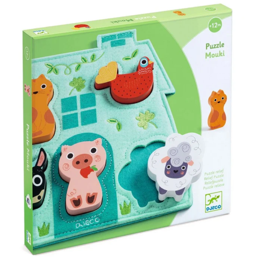 Children's puzzle with farm animal shapes in colorful box packaging from DJECO.