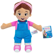 Plush doll in blue overalls and pink shirt with a tag labeled 'Ms. Rachel' on a white background