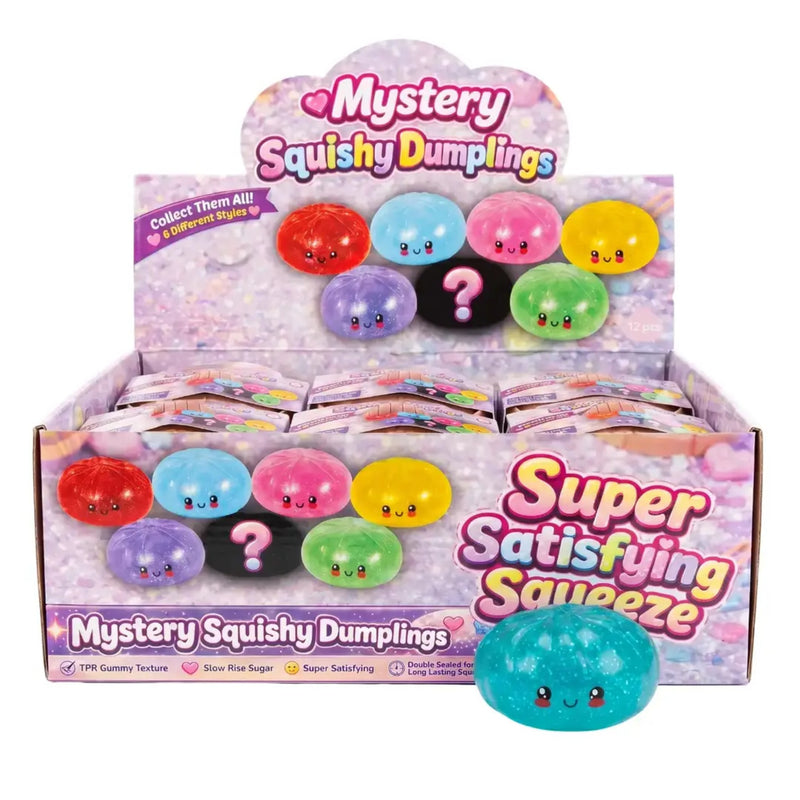 A retail display box of 'Mystery Squishy Dumplings' featuring colorful, cute-faced gel dumplings and a large teal one in front, on a white background.