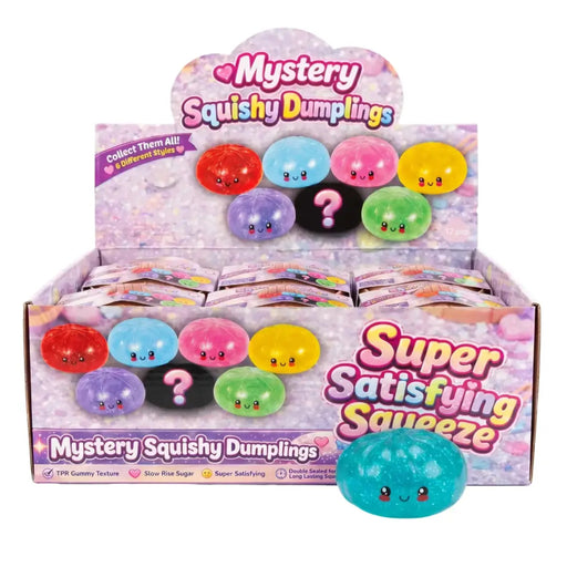 A retail display box of 'Mystery Squishy Dumplings' featuring colorful, cute-faced gel dumplings and a large teal one in front, on a white background.