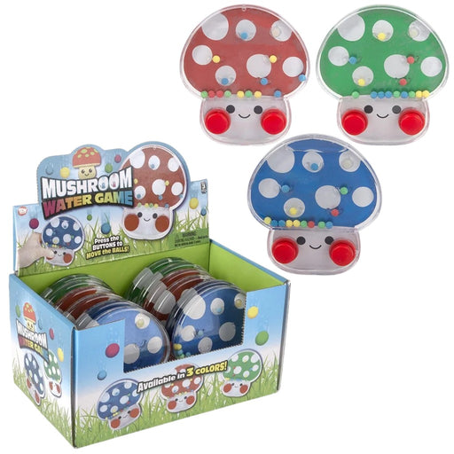 Mushroom-shaped water games with colorful caps and red bases, displayed in a box.