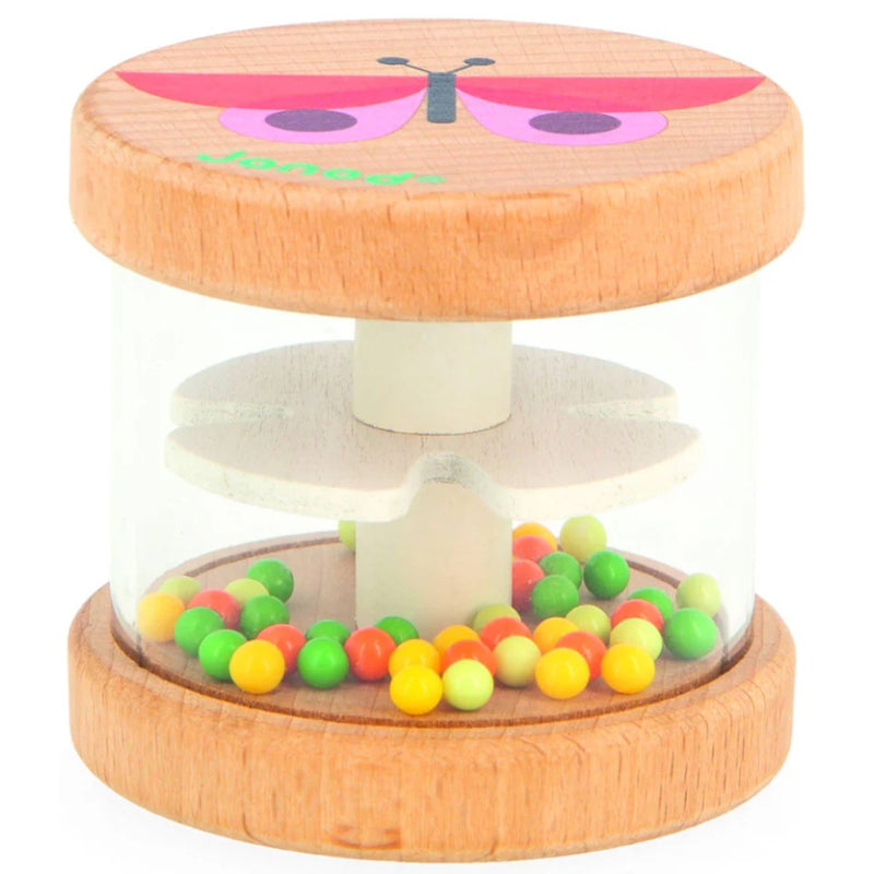 Janod's wooden rattle with colorful beads with butterfly and flower design on a white background.